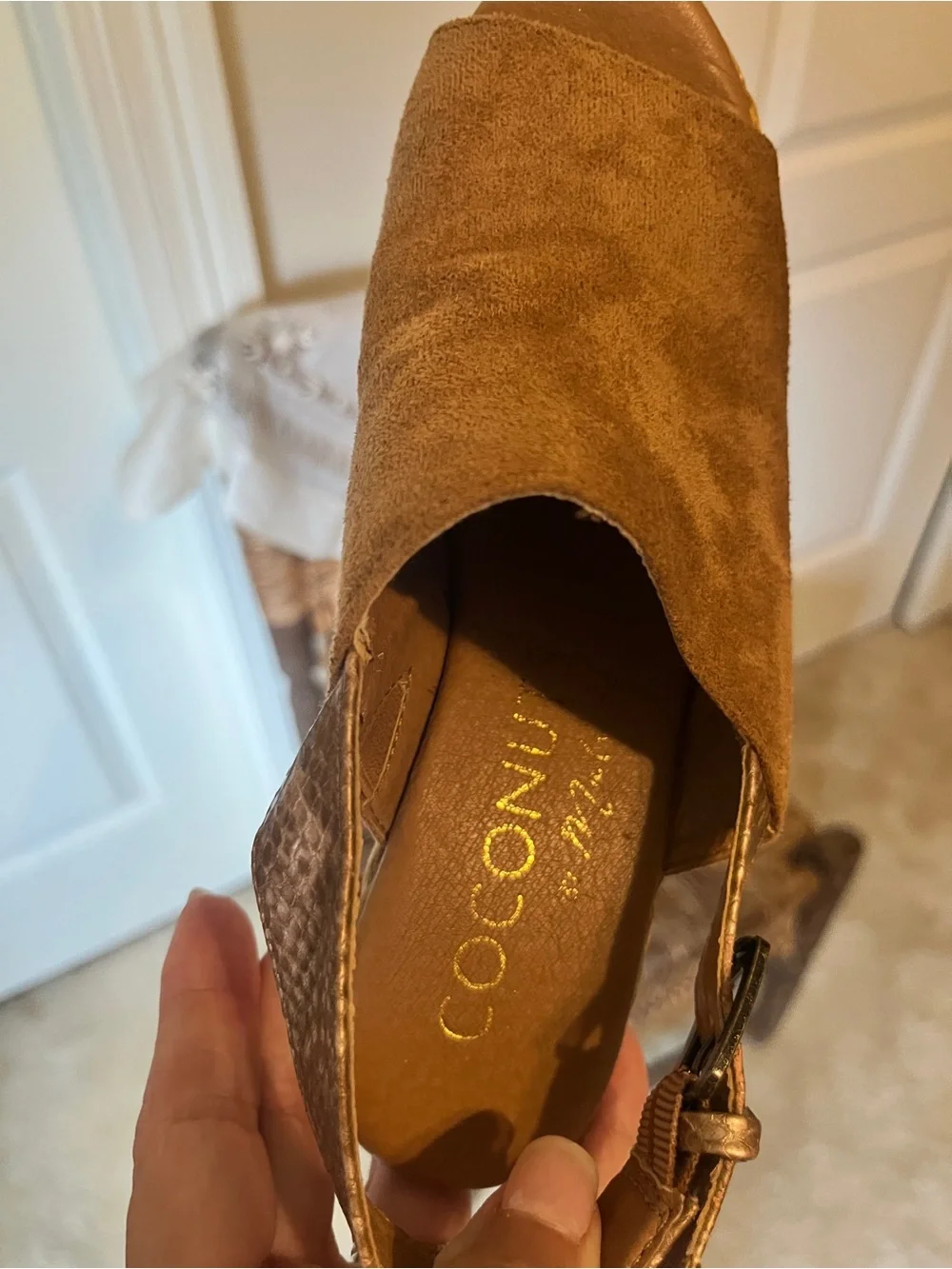 Coconuts by Matisse Suede Open-Toe Slingback Wedge in Camel Brown